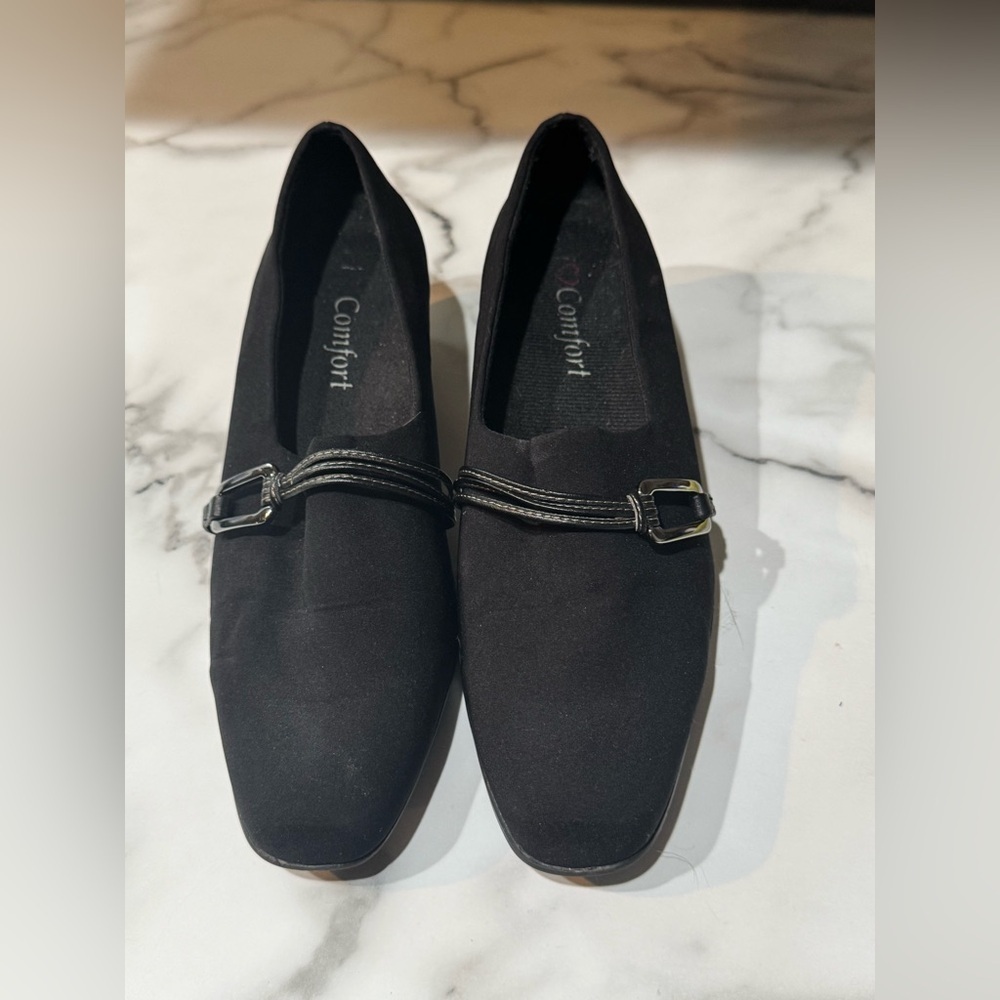 I LOVE COMFORT BLACK LEATHER SLIP ON CASUAL SHOES WOMEN'S Sz 7.5 Square Toe GUC
